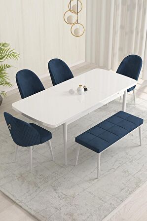 Rovena Marsilya Beyaz 80x132 Açılabilir Mdf Mutfak Masası Takımı 4 Adet Sandalye+1 Bench