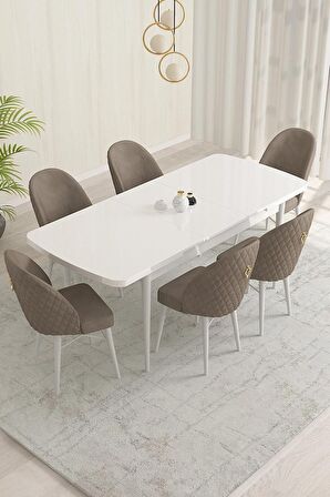 Rovena Marsilya Beyaz 80x132 Açılabilir Mdf Mutfak Masası Takımı 6 Adet Sandalye