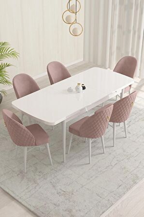 Rovena Marsilya Beyaz 80x132 Açılabilir Mdf Mutfak Masası Takımı 6 Adet Sandalye