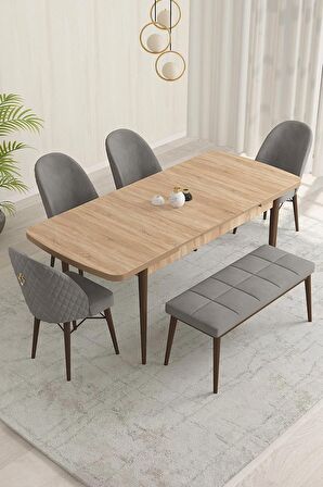 Rovena Marsilya Meşe 80x132 Açılabilir Mdf Mutfak Masası Takımı 4 Adet Sandalye+1 Bench