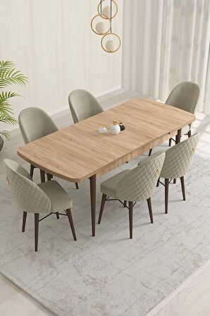 Rovena Marsilya Meşe 80x132 Açılabilir Mdf Mutfak Masası Takımı 6 Adet Sandalye