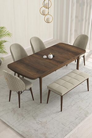 Rovena Marsilya Barok 80x132 Açılabilir Mdf Mutfak Masası Takımı 4 Adet Sandalye+1 Bench