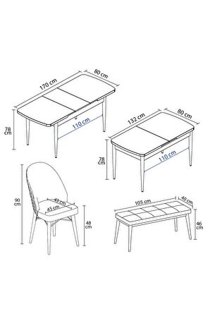 Rovena Marsilya Barok 80x132 Açılabilir Mdf Mutfak Masası Takımı 4 Adet Sandalye+1 Bench