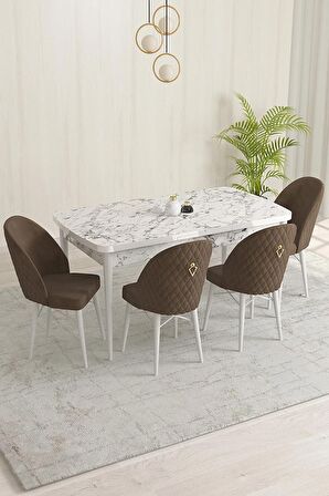 Rovena Marsilya Beyaz Mermer 80x132 Açılabilir Mdf Mutfak Masası Takımı 4 Adet Sandalye