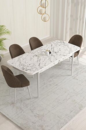 Rovena Marsilya Beyaz Mermer 80x132 Açılabilir Mdf Mutfak Masası Takımı 4 Adet Sandalye