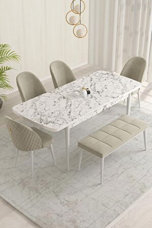 Rovena Marsilya Beyaz Mermer 80x132 Açılabilir Mdf Mutfak Masası Takımı 4 Adet Sandalye+1 Bench