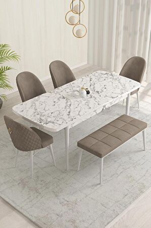 Rovena Marsilya Beyaz Mermer 80x132 Açılabilir Mdf Mutfak Masası Takımı 4 Adet Sandalye+1 Bench