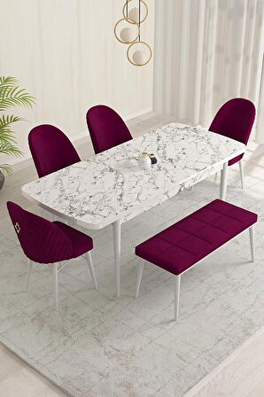 Rovena Marsilya Beyaz Mermer 80x132 Açılabilir Mdf Mutfak Masası Takımı 4 Adet Sandalye+1 Bench