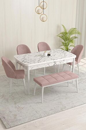 Rovena Marsilya Beyaz Mermer 80x132 Açılabilir Mdf Mutfak Masası Takımı 4 Adet Sandalye+1 Bench
