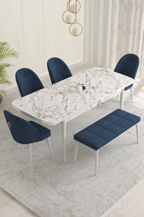 Rovena Marsilya Beyaz Mermer 80x132 Açılabilir Mdf Mutfak Masası Takımı 4 Adet Sandalye+1 Bench