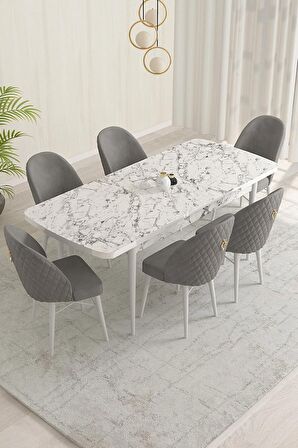 Rovena Marsilya Beyaz Mermer 80x132 Açılabilir Mdf Mutfak Masası Takımı 6 Adet Sandalye