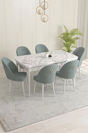 Rovena Marsilya Beyaz Mermer 80x132 Açılabilir Mdf Mutfak Masası Takımı 6 Adet Sandalye