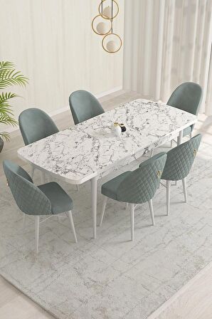 Rovena Marsilya Beyaz Mermer 80x132 Açılabilir Mdf Mutfak Masası Takımı 6 Adet Sandalye