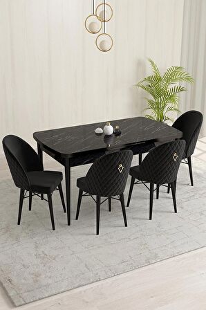 Rovena Marsilya Siyah Mermer 80x132 Açılabilir Mdf Mutfak Masası Takımı 4 Adet Sandalye