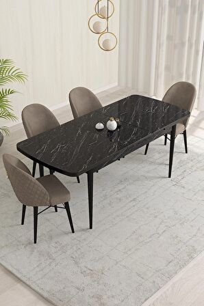 Rovena Marsilya Siyah Mermer 80x132 Açılabilir Mdf Mutfak Masası Takımı 4 Adet Sandalye