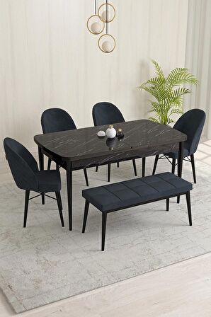 Rovena Marsilya Siyah Mermer 80x132 Açılabilir Mdf Mutfak Masası Takımı 4 Adet Sandalye+1 Bench