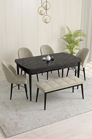 Rovena Marsilya Siyah Mermer 80x132 Açılabilir Mdf Mutfak Masası Takımı 4 Adet Sandalye+1 Bench