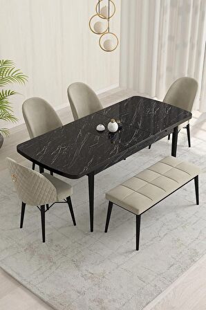 Rovena Marsilya Siyah Mermer 80x132 Açılabilir Mdf Mutfak Masası Takımı 4 Adet Sandalye+1 Bench
