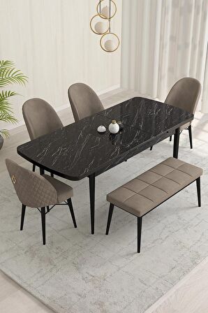 Rovena Marsilya Siyah Mermer 80x132 Açılabilir Mdf Mutfak Masası Takımı 4 Adet Sandalye+1 Bench