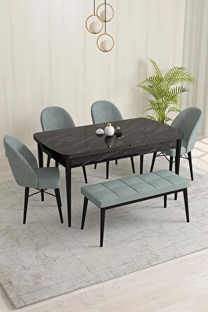 Rovena Marsilya Siyah Mermer 80x132 Açılabilir Mdf Mutfak Masası Takımı 4 Adet Sandalye+1 Bench