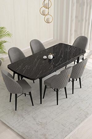 Rovena Marsilya Siyah Mermer 80x132 Açılabilir Mdf Mutfak Masası Takımı 6 Adet Sandalye