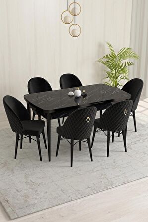 Rovena Marsilya Siyah Mermer 80x132 Açılabilir Mdf Mutfak Masası Takımı 6 Adet Sandalye