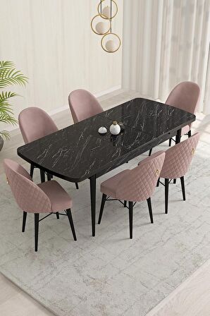 Rovena Marsilya Siyah Mermer 80x132 Açılabilir Mdf Mutfak Masası Takımı 6 Adet Sandalye