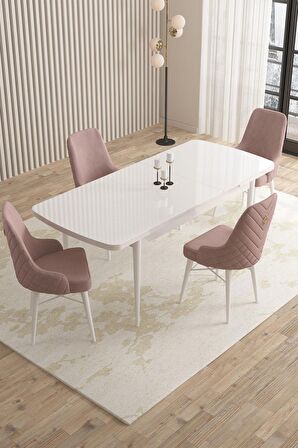 Rovena Flora Beyaz 80x132 Açılabilir Mdf Mutfak Masası Takımı 4 Adet Sandalye