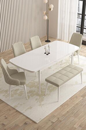 Rovena Flora Beyaz 80x132 Açılabilir Mdf Mutfak Masası Takımı 4 Adet Sandalye+1 Bench