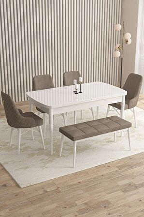 Rovena Flora Beyaz 80x132 Açılabilir Mdf Mutfak Masası Takımı 4 Adet Sandalye+1 Bench