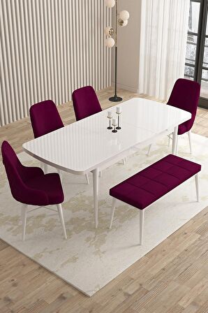 Rovena Flora Beyaz 80x132 Açılabilir Mdf Mutfak Masası Takımı 4 Adet Sandalye+1 Bench