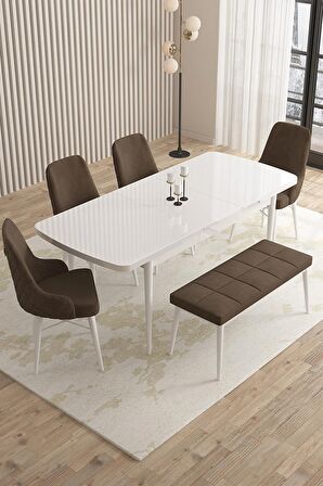 Rovena Flora Beyaz 80x132 Açılabilir Mdf Mutfak Masası Takımı 4 Adet Sandalye+1 Bench