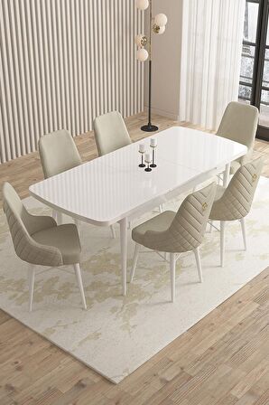 Rovena Flora Beyaz 80x132 Açılabilir Mdf Mutfak Masası Takımı 6 Adet Sandalye