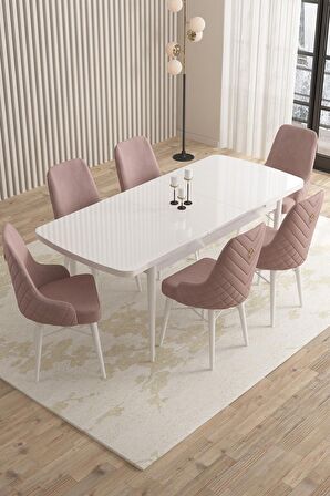 Rovena Flora Beyaz 80x132 Açılabilir Mdf Mutfak Masası Takımı 6 Adet Sandalye