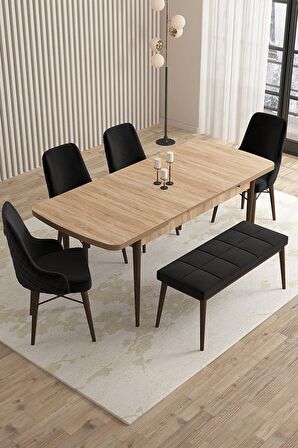 Rovena Flora Meşe 80x132 Açılabilir Mdf Mutfak Masası Takımı 4 Adet Sandalye+1 Bench