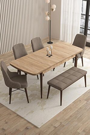 Rovena Flora Meşe 80x132 Açılabilir Mdf Mutfak Masası Takımı 4 Adet Sandalye+1 Bench