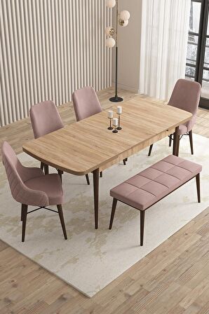 Rovena Flora Meşe 80x132 Açılabilir Mdf Mutfak Masası Takımı 4 Adet Sandalye+1 Bench