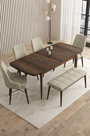 Rovena Flora Barok 80x132 Açılabilir Mdf Mutfak Masası Takımı 4 Adet Sandalye+1 Bench