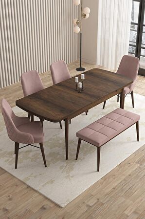 Rovena Flora Barok 80x132 Açılabilir Mdf Mutfak Masası Takımı 4 Adet Sandalye+1 Bench