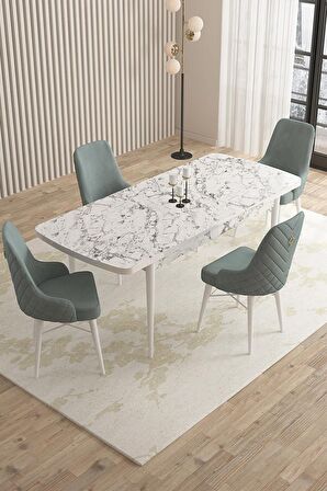 Rovena Flora Beyaz Mermer 80x132 Açılabilir Mdf Mutfak Masası Takımı 4 Adet Sandalye