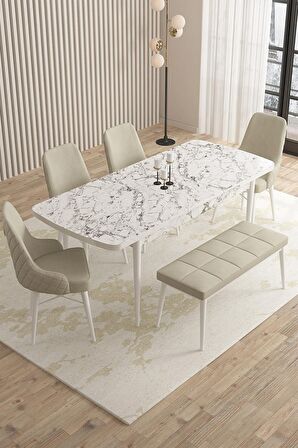 Rovena Flora Beyaz Mermer 80x132 Açılabilir Mdf Mutfak Masası Takımı 4 Adet Sandalye+1 Bench