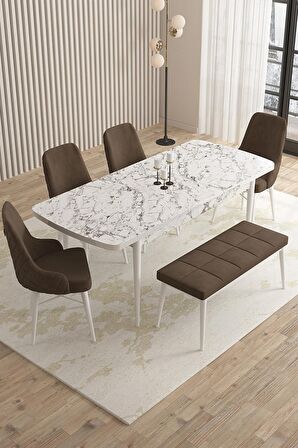 Rovena Flora Beyaz Mermer 80x132 Açılabilir Mdf Mutfak Masası Takımı 4 Adet Sandalye+1 Bench