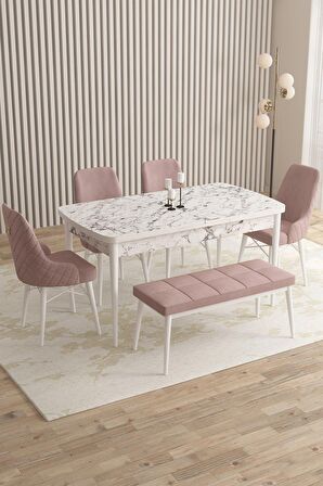 Rovena Flora Beyaz Mermer 80x132 Açılabilir Mdf Mutfak Masası Takımı 4 Adet Sandalye+1 Bench