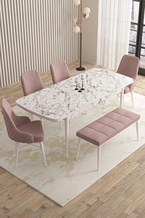 Rovena Flora Beyaz Mermer 80x132 Açılabilir Mdf Mutfak Masası Takımı 4 Adet Sandalye+1 Bench