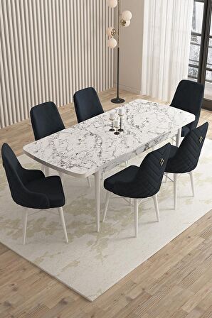 Rovena Flora Beyaz Mermer 80x132 Açılabilir Mdf Mutfak Masası Takımı 6 Adet Sandalye