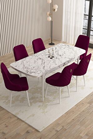 Rovena Flora Beyaz Mermer 80x132 Açılabilir Mdf Mutfak Masası Takımı 6 Adet Sandalye