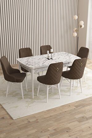 Rovena Flora Beyaz Mermer 80x132 Açılabilir Mdf Mutfak Masası Takımı 6 Adet Sandalye