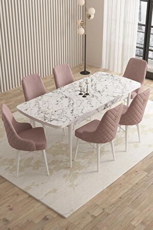 Rovena Flora Beyaz Mermer 80x132 Açılabilir Mdf Mutfak Masası Takımı 6 Adet Sandalye
