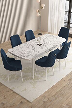 Rovena Flora Beyaz Mermer 80x132 Açılabilir Mdf Mutfak Masası Takımı 6 Adet Sandalye