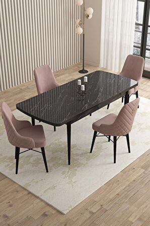 Rovena Flora Siyah Mermer 80x132 Açılabilir Mdf Mutfak Masası Takımı 4 Adet Sandalye